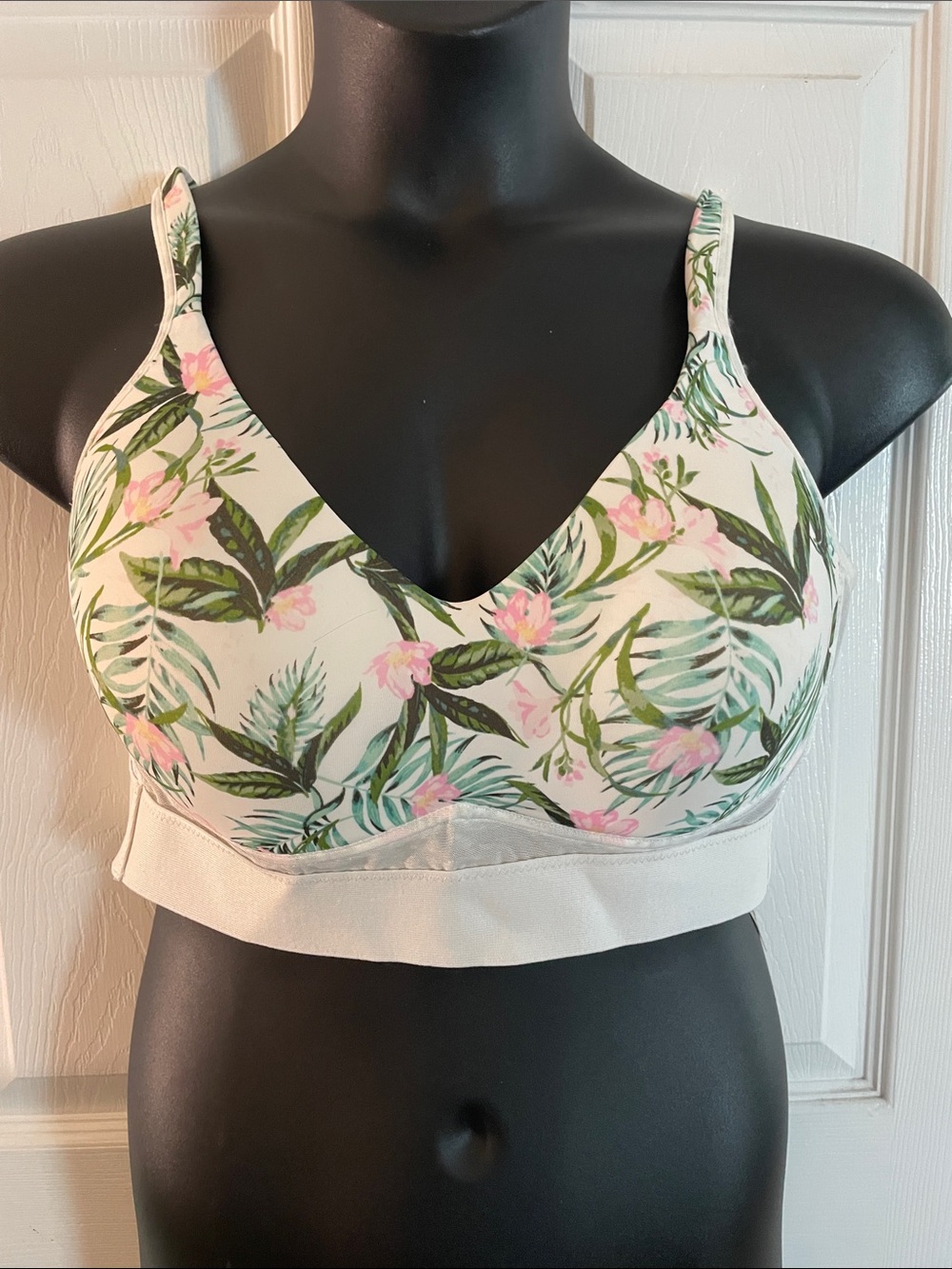 RHONDA SHEAR PINK Blossoms on White Satin padded cups & straps NO WIRE BRA XL